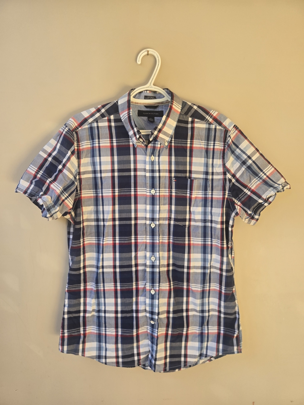 Tommy Hilfiger Custom Fit Plaid Button-Up Shirt Men's Medium Short Sleeve
